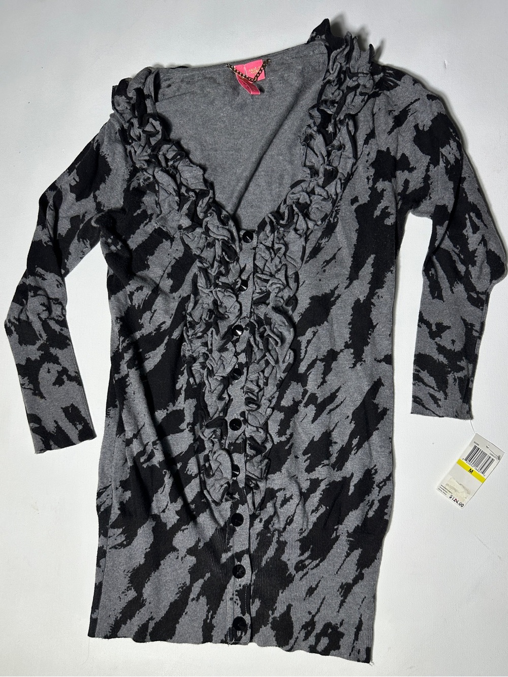 Ruffled V-Neck Long Cardigan Sweater - Gray/Black